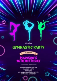 Glow gymnastic birthday invitation A6 template