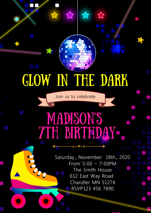 Glow Roller Skating Birthday Invitation Template Postermywall