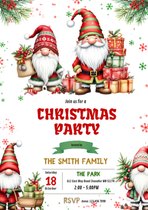 Gnome Christmas party Invitation A6 template
