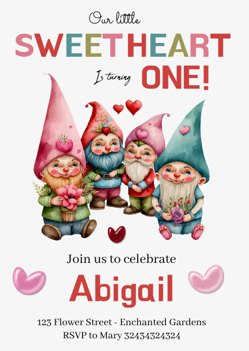 Gnome Valentine's Day Birthday Invitation A6 template