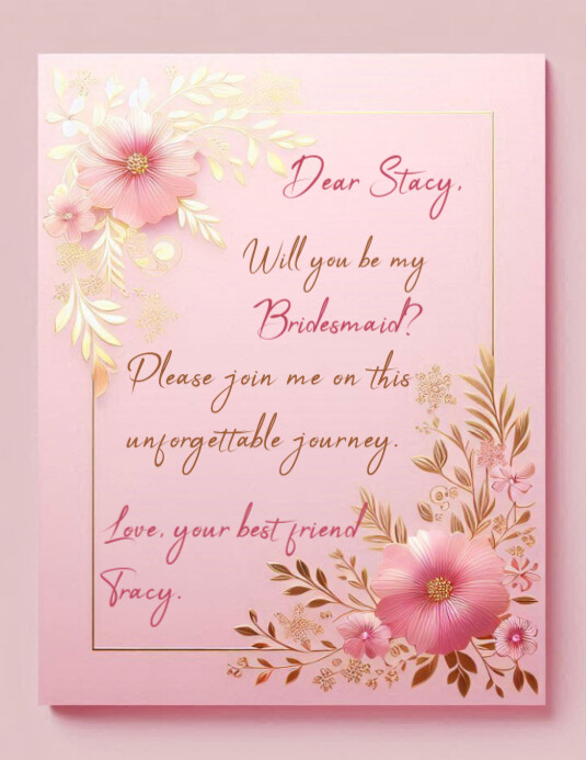 Gold & Pink Floral Bridesmaid Invitation Card/Poster Template Folheto (US Letter)