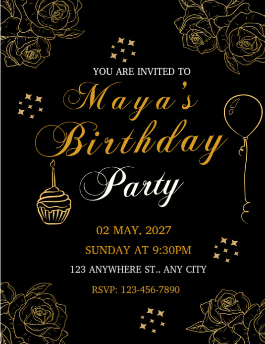 Gold And Black Birthday Party Invitation Portrait Template | PosterMyWall