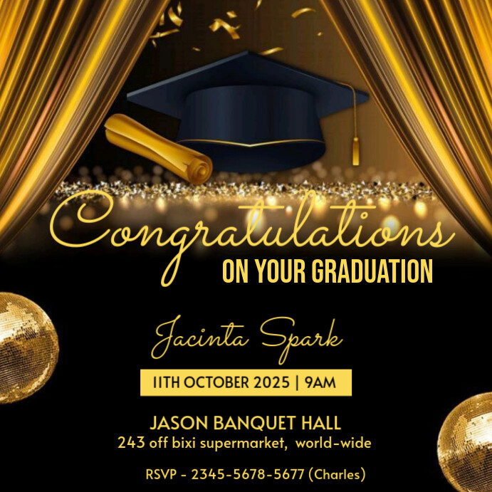Gold and black School graduation ceremony invitation card Publicação no Instagram template