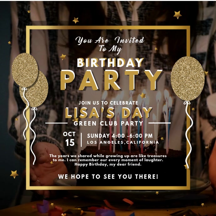 Gold Birthday Party Invitation Video Carré (1:1) template