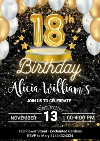 gold black 18th Birthday Party Invitation A6 template