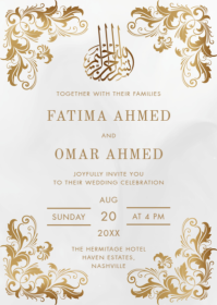 Gold Frame Ornate Ivory Islamic Muslim Wedding Invitation Design Template A6