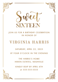 Gold Frame Ornate White Sweet Sixteen 16 Birthday Invitation Design Template A6