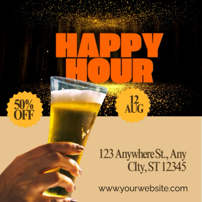 Gold Joyful Happy Hour Event Instagram Post Video Template | PosterMyWall