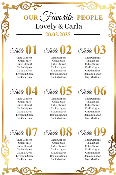Gold List-based Wedding Seating Chart Poster template