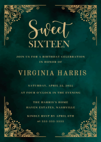 Gold Ornate Border Green Sweet Sixteen 16 Birthday Invitation  Design Template A6