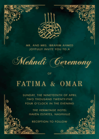 Gold Ornate Green Islamic Henna Mehndi Ceremony Invitation Design Template A6