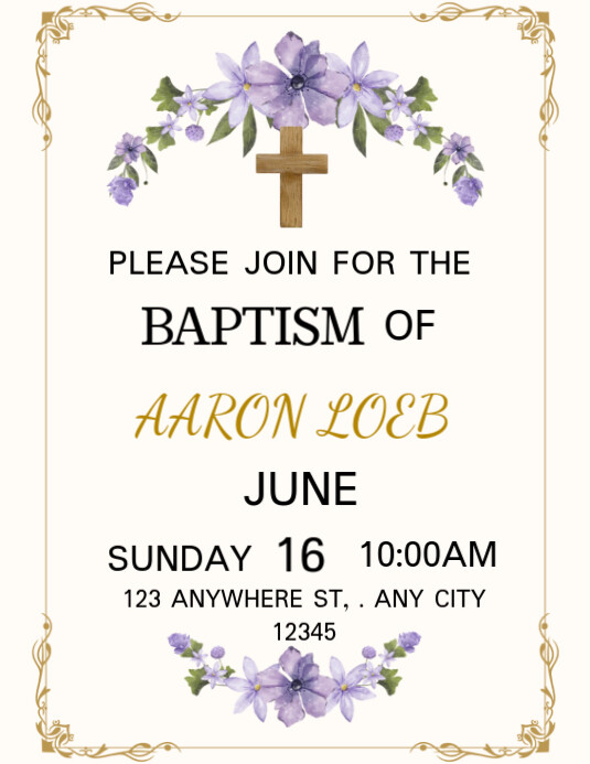 Gold Purple Classic Floral Illustrated Child Baptism Invitation Volantino (US Letter) template