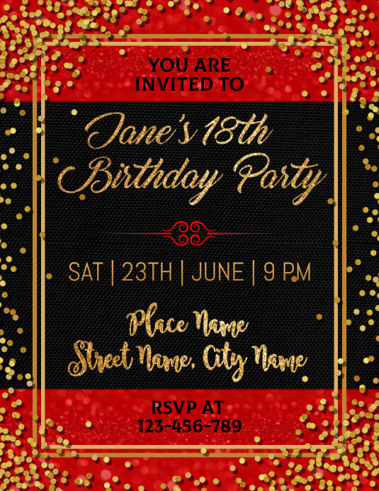 Gold Red Black 18th Birthday Invitation Card Template | PosterMyWall