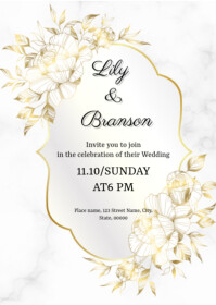 Gold white floral frame invitation card A6 template