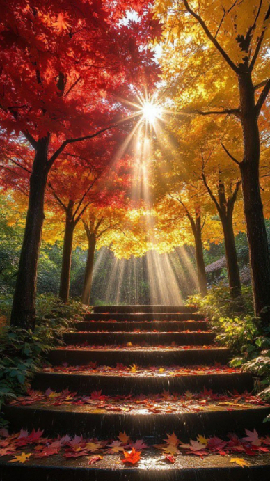 Plantilla de Golden Autumn Forest Path With Sun Rays And Colorful Fall ...