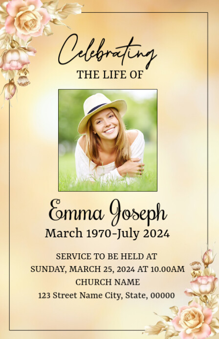 Golden Floral Funeral Announcement Card Halfbladsy Breed template