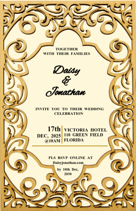 Golden Joyful Stunning Laser-cut Wooden Frame Wedding Invitation Card Half Page Wide Halfbladsy Breed template