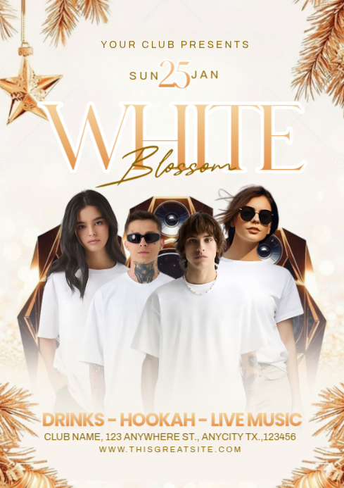 Golden Maximalist White Blossom Party A4 Template | PosterMyWall