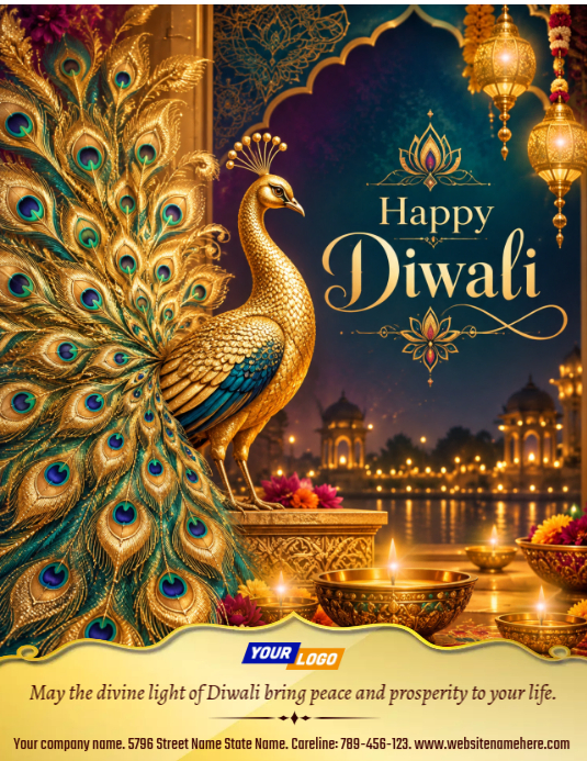Golden Peacock Diwali Greeting Card Template | PosterMyWall
