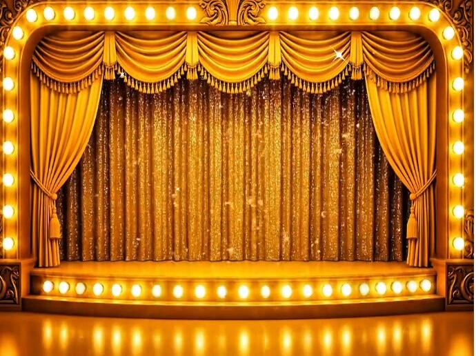 Golden Stage Background with Elegant Curtains | Luxurious Event, Award, and Celebration Backdrop Presentation template