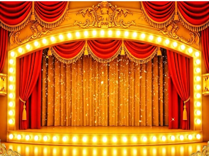 Golden Stage Display Mockup with Lights & Curtains – Perfect for Product Showcases & Announcements Presentation template
