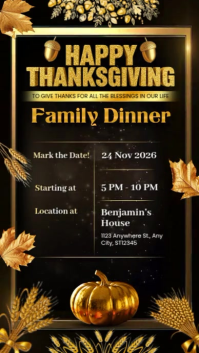 Golden Thanksgiving Family Dinner Poster Reel Instagram template