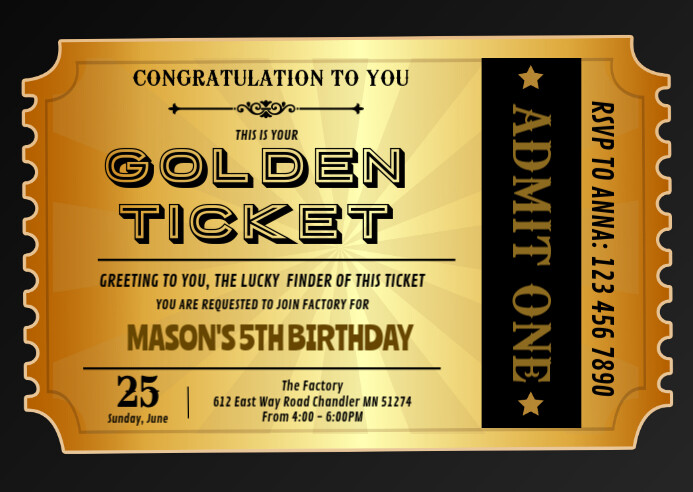 Golden ticket birthday invitation A6 template