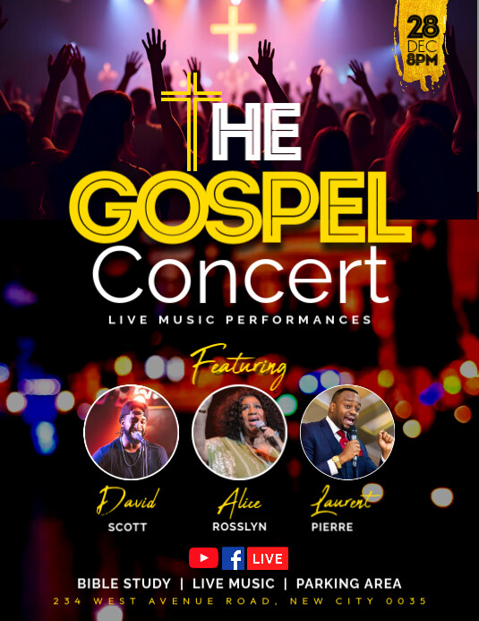 Gospel music musicians concert live stage performance advertisement invitation flyer poster template Folheto (US Letter)