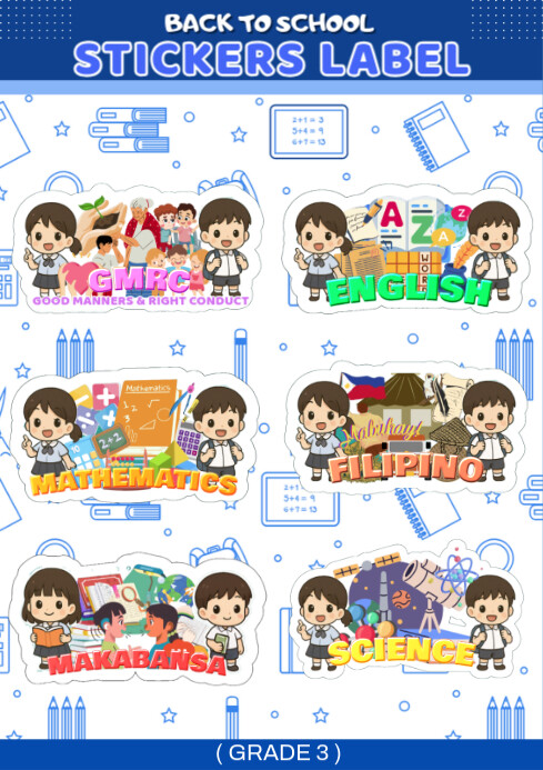 Grade 3 Back to School Subject Stickers Template | PosterMyWall