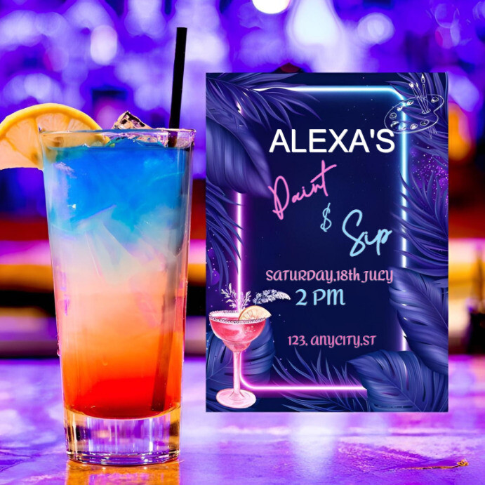 Gradient Neon Brush & Sip Bash Invitation  Instagram Post template