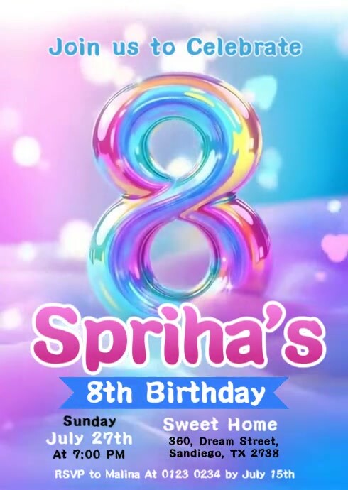 Gradient Pink 8th Birthday Invitation A6 template