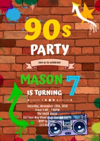 Graffiti Glow 90s party Birthday Invitation A6 template
