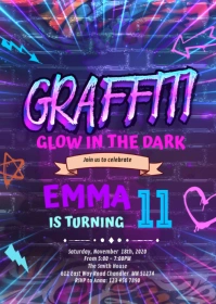 Graffiti glow neon birthday invitation A6 template