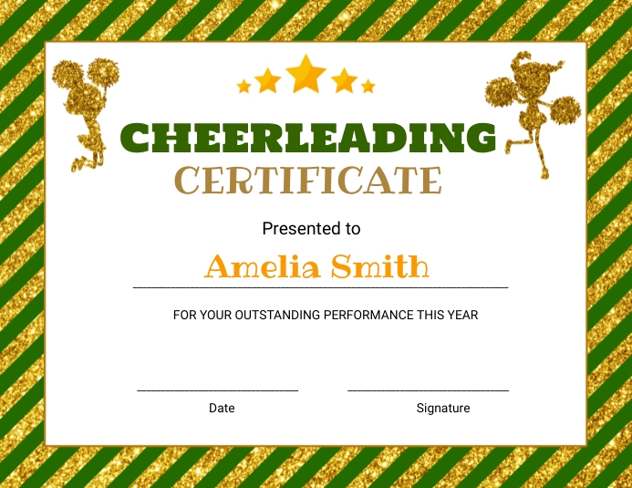 Green and gold cheerleading certificate Template | PosterMyWall green-and-gold-cheerleading-certificate-template-postermywall
