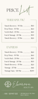 Green and kaki Minimalist List Based Vertical Spa Price List & Beauty Menu Rack Card Media Página Carta template