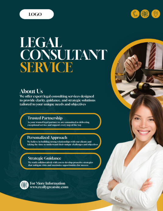 Green and Orange Elegant Legal Consultant Ser Folheto (US Letter) template