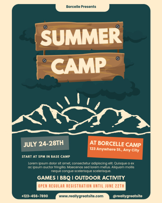Green And Orange Summer Camp Illustration Flyer Instagram Portrait template