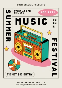 Green Beige Retro Illustration Style Music Festival Flyer A4 template