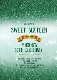 Green bokeh 16th birthday party invitation A6 template