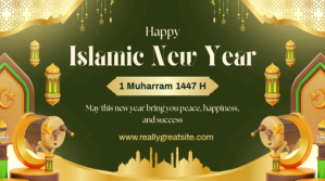 Green Collage Golden Islamic New Year 1447 H Greeting Banner – Peace & Blessings Template Digital Di งานแสดงผลงานแบบดิจิทัล (16:9)