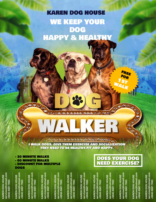 Green Dog Walker Flyer with Tear-off Tabs Volante (Carta US) template