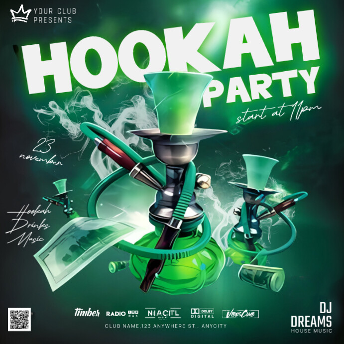 Green Emerald Neon Hookah Party Instagram Post Template | PosterMyWall