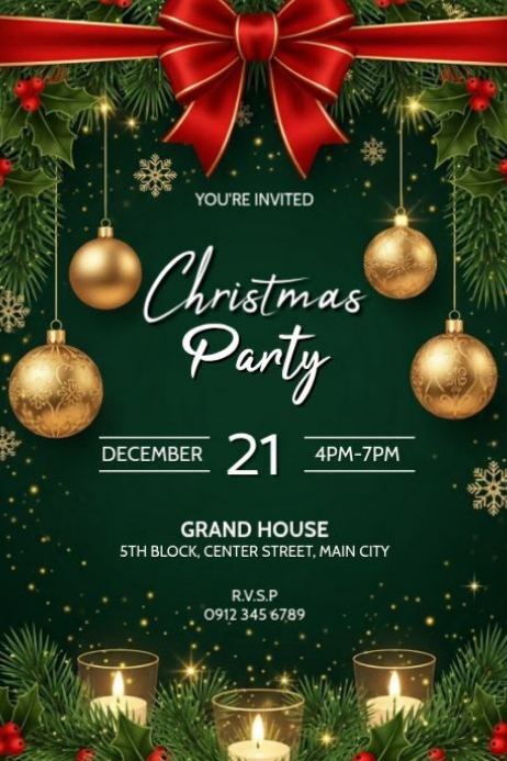Green Floral Christmas Party Invitation Poster Template | PosterMyWall