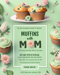 Green Floral Cute Muffins With Mom Family Event Flyer Template - School Breakfast Invitation With Fl Instagram Portrait