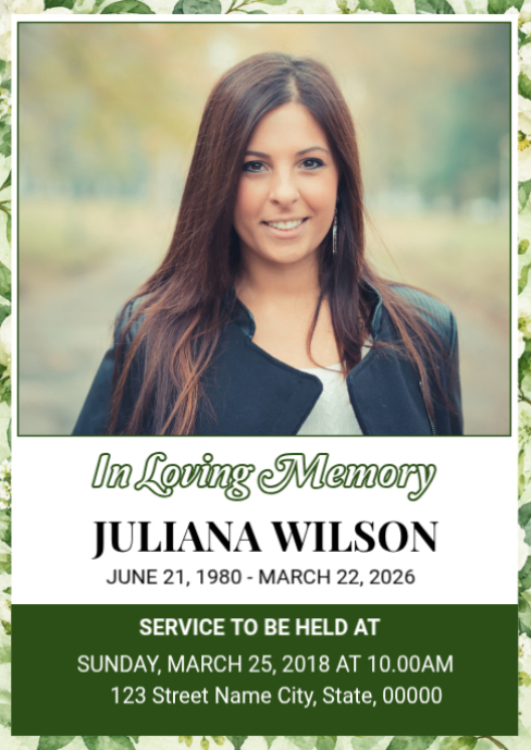 Green Floral Memorial Service Program Invitation Card Template ...