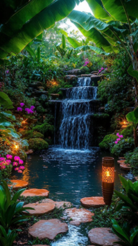 Green Floral Tropical Garden Waterfall Digital Display. Enchanted Tropical Garden Waterfall with Glo template