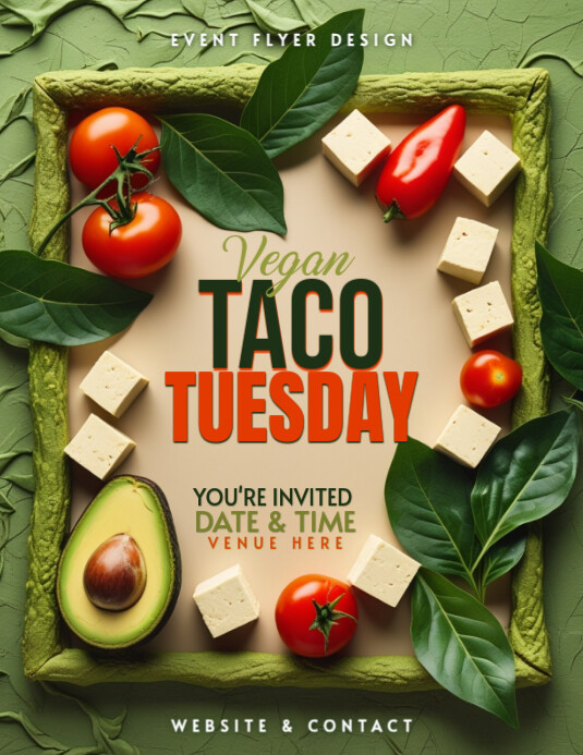 Green Floral Vegan Taco Tuesday Flyer – Plant-based Mexican Night Flyer ...