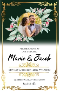 Green Floral Wedding Invitation Half Page Wide template