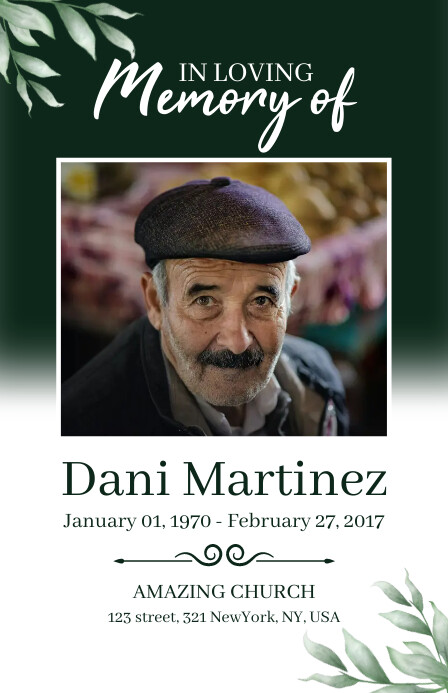 Green Funeral Program Template Half Page Wide Meia página larga