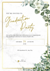 Green Gold and White Floral Graduation Party A5 template